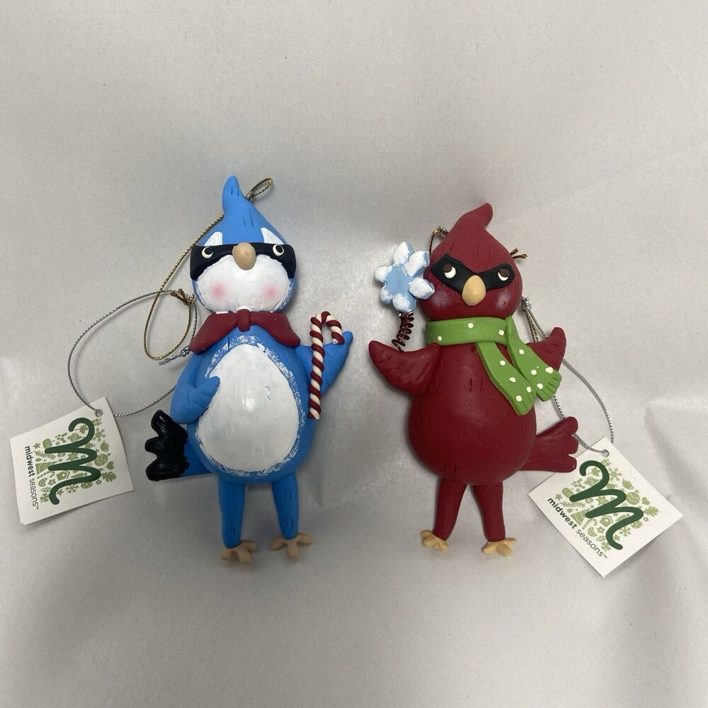 NWT Clay Blue Bird and Cardinal Bird Christmas Ornament Hanging Midwest CBK Lot